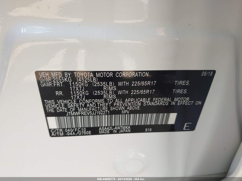 VIN JTMWFREV5JJ192271 2018 TOYOTA RAV4 XLE
