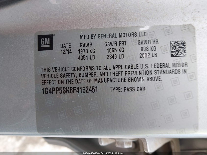 2015 Buick Verano VIN: 1G4PP5SK8F4152451 Lot: 44850806