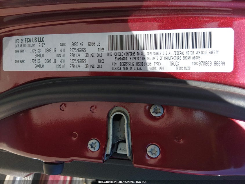 2017 Ram 1500 Big Horn 4X4 5'7 Box VIN: 1C6RR7LG1HS810730 Lot: 44850831