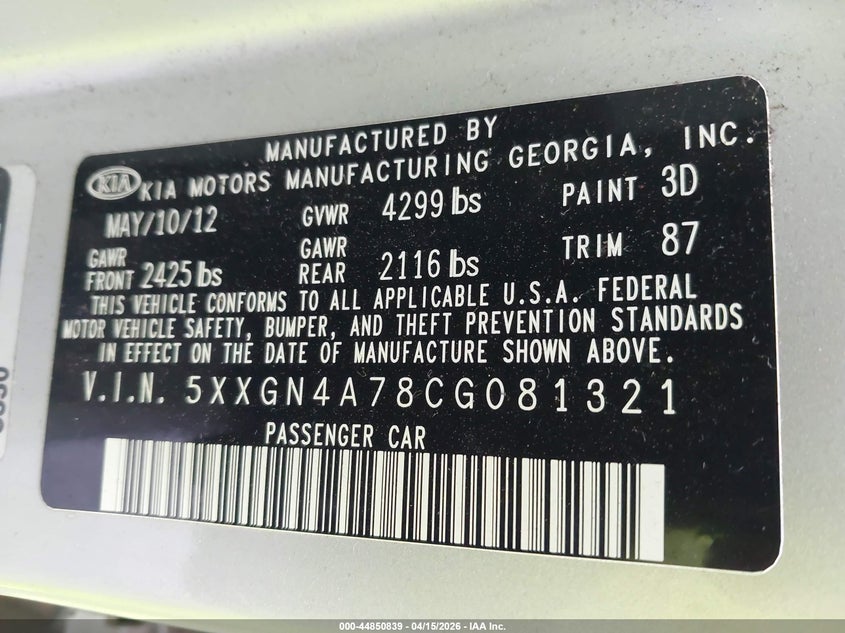 2012 Kia Optima Ex VIN: 5XXGN4A78CGO81321 Lot: 44850839