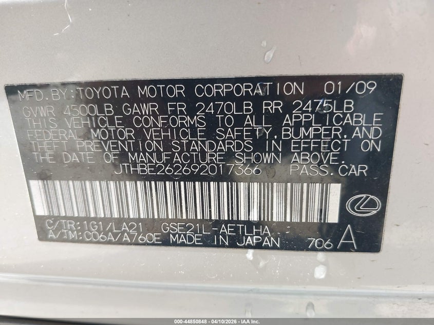 2009 Lexus Is 350 VIN: JTHBE262692017366 Lot: 44850848