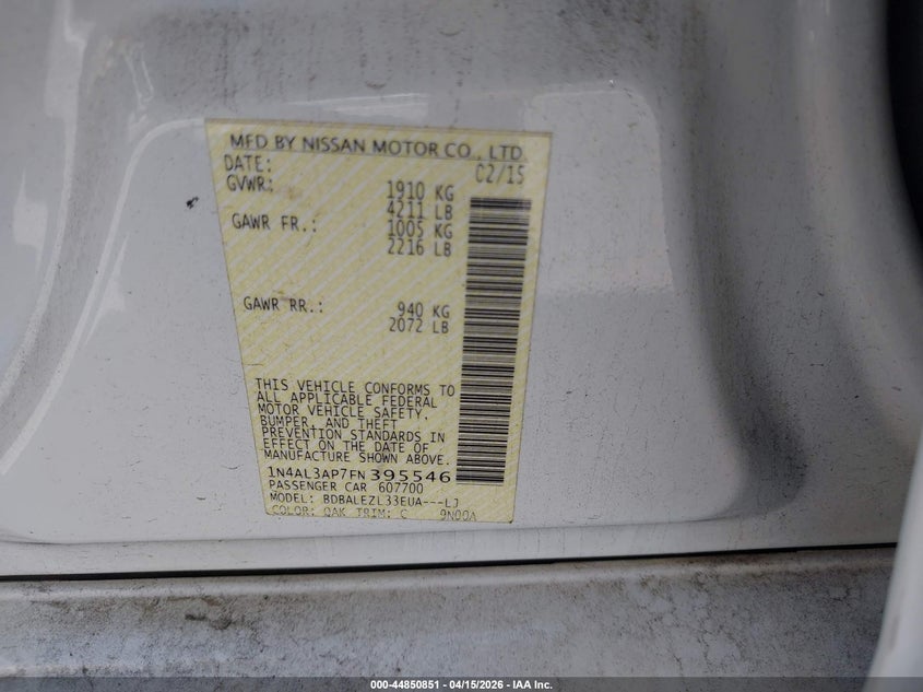 2015 Nissan Altima 2.5 S VIN: 1N4AL3AP7FN395546 Lot: 44850851