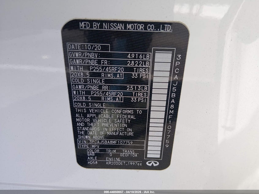 2021 Infiniti Qx50 Luxe VIN: 3PCAJ5BA8MF107759 Lot: 44850857