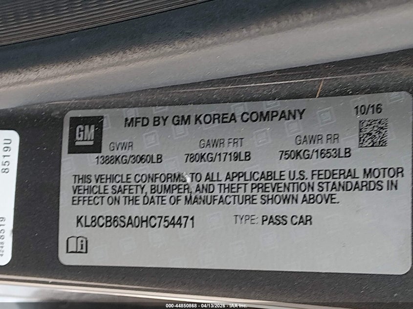 2017 Chevrolet Spark Ls Cvt VIN: KL8CB6SA0HC754471 Lot: 44850868