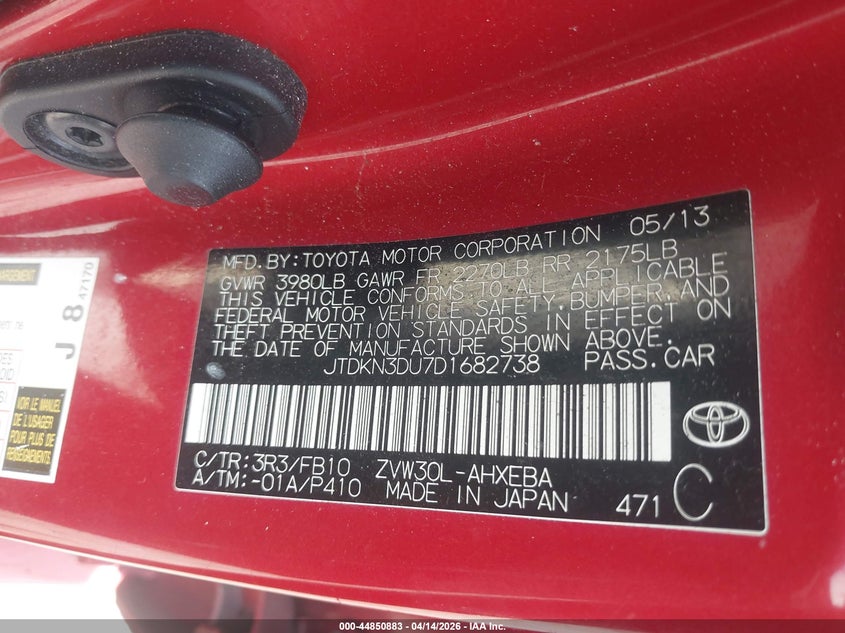 2013 Toyota Prius Two VIN: JTDKN3DU7D1682738 Lot: 44850883