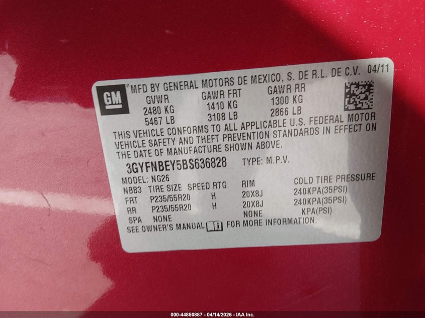 2011 Cadillac Srx Performance Collection VIN: 3GYFNBEY5BS636828 Lot: 44850887