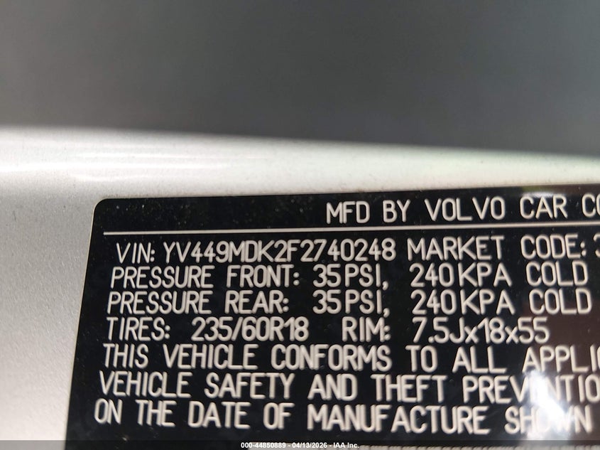 2015 Volvo Xc60 T6 VIN: YV449MDK2F2740248 Lot: 44850889