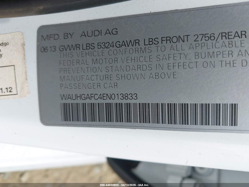 2014 Audi A6 3.0T Premium Plus VIN: WAUHGAFC4EN013833 Lot: 44850905