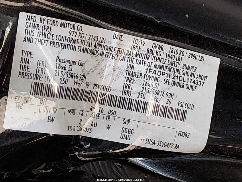 2013 Ford Focus Se VIN: 1FADP3F21DL174337 Lot: 44850913