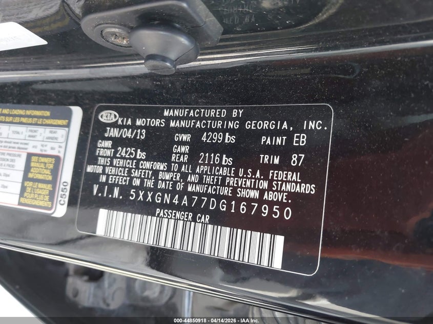 2013 Kia Optima Ex VIN: 5XXGN4A77DG167950 Lot: 44850918