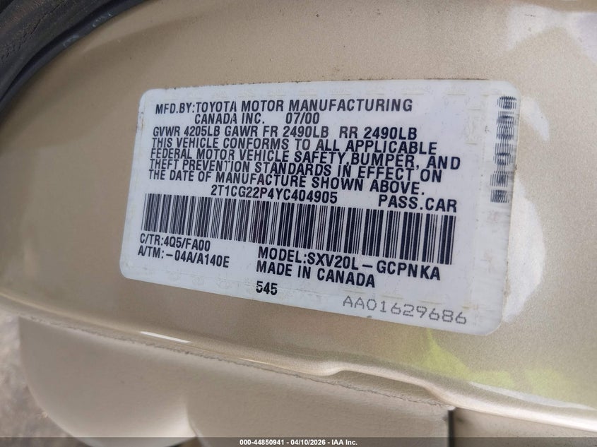 2000 Toyota Camry Solara Se VIN: 2T1CG22P4YC404905 Lot: 44850941