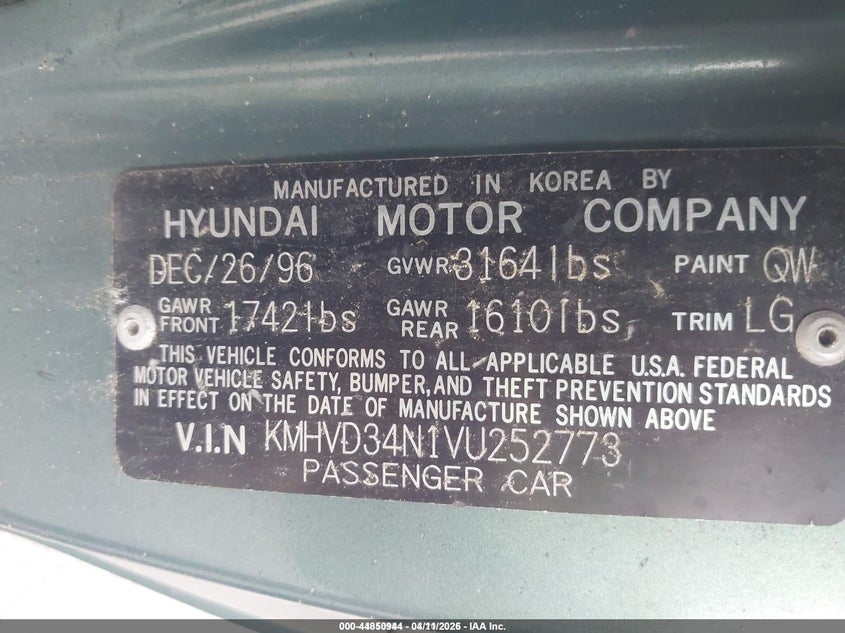 1997 Hyundai Accent Gs/Gt VIN: KMHVD34N1VU252773 Lot: 44850944
