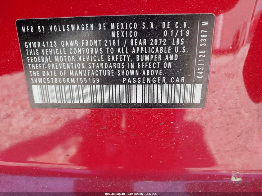 2019 Volkswagen Jetta 1.4T R-Line/1.4T S/1.4T Se VIN: 3VWC57BU6KM155169 Lot: 44850948
