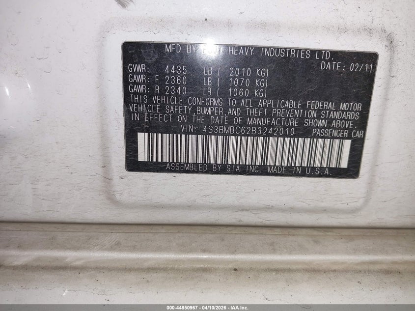 2011 Subaru Legacy 2.5I Prem Awp VIN: 4S3BMBC62B3242010 Lot: 44850967