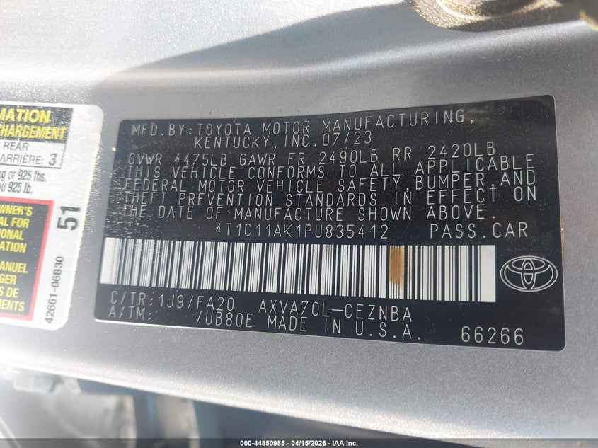 2023 Toyota Camry Le VIN: 4T1C11AK1PU835412 Lot: 44850985