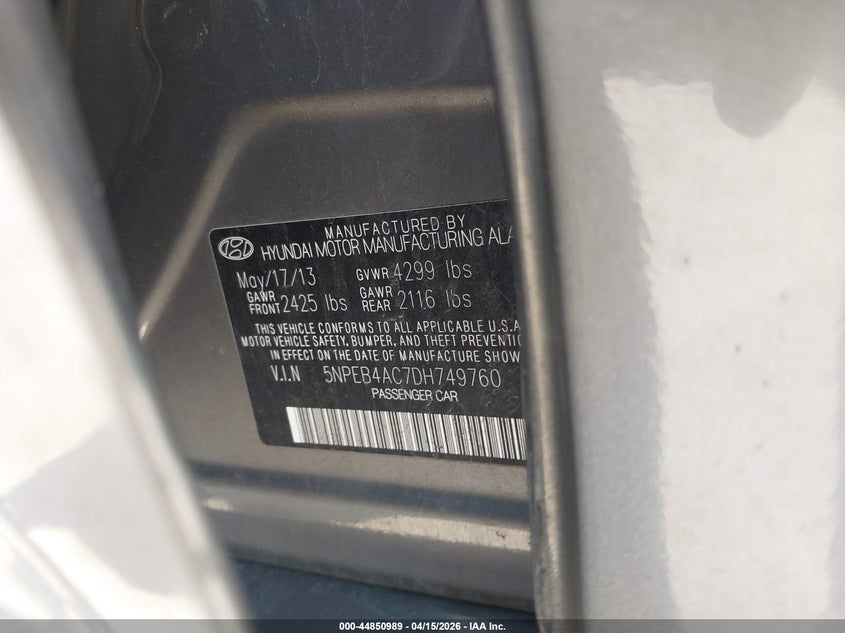 2013 Hyundai Sonata Gls VIN: 5NPEB4AC7DH749760 Lot: 44850989