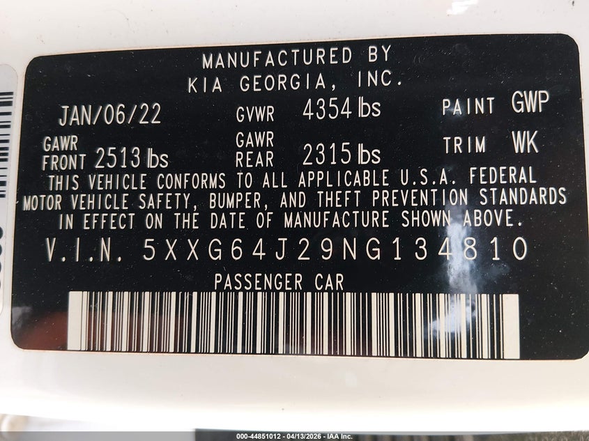 2022 Kia K5 Gt-Line VIN: 5XXG64J29NG134810 Lot: 44851012