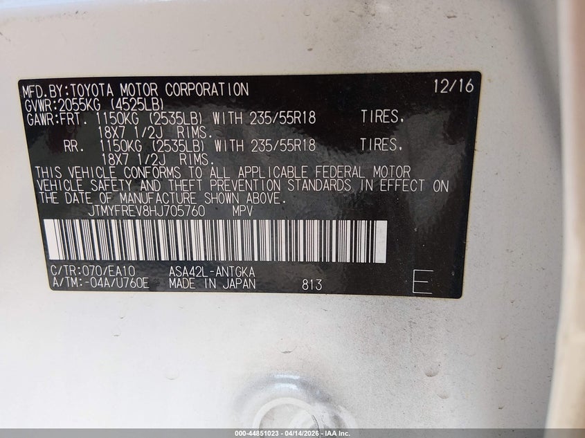 2017 Toyota Rav4 Limited VIN: JTMYFREV8HJ705760 Lot: 44851023