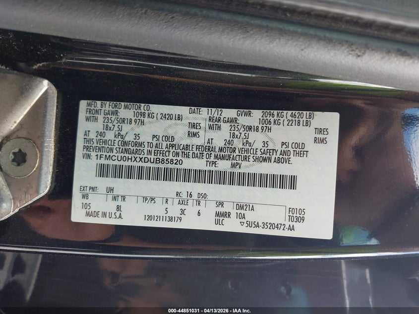 2013 Ford Escape 1.6 Sel black Lot 111044851031 Vin 1FMCU0HXXDUB85820