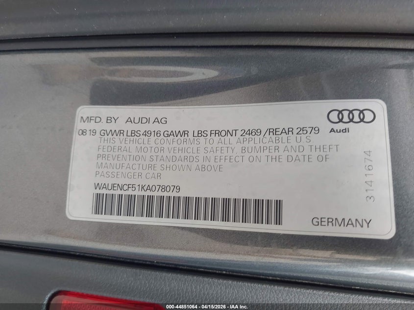 2019 Audi A5 45 Premium VIN: WAUENCF51KA078079 Lot: 44851064