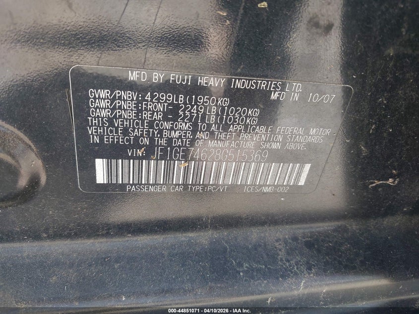 2008 Subaru Impreza Wrx VIN: JF1GE74628G515369 Lot: 44851071