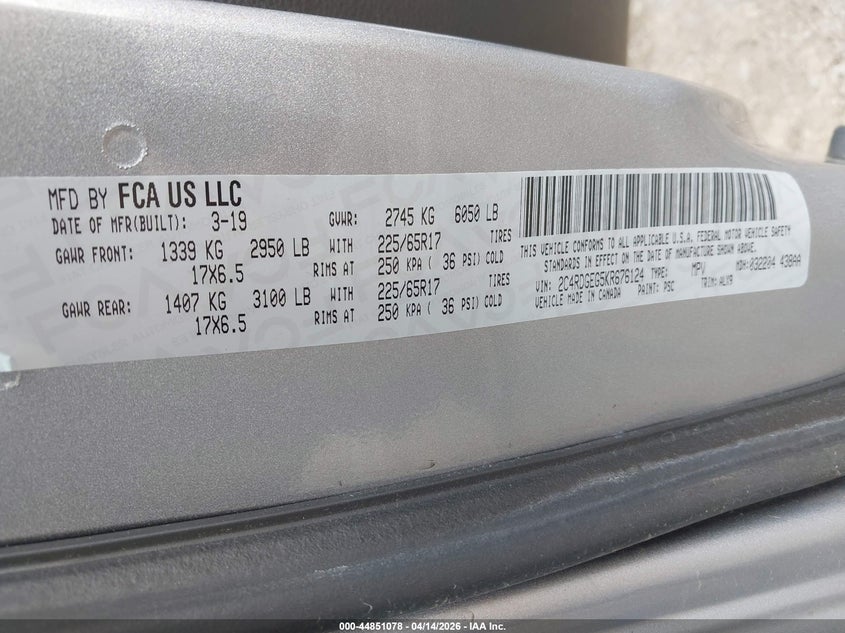 2019 Dodge Grand Caravan Gt VIN: 2C4RDGEG5KR676124 Lot: 44851078