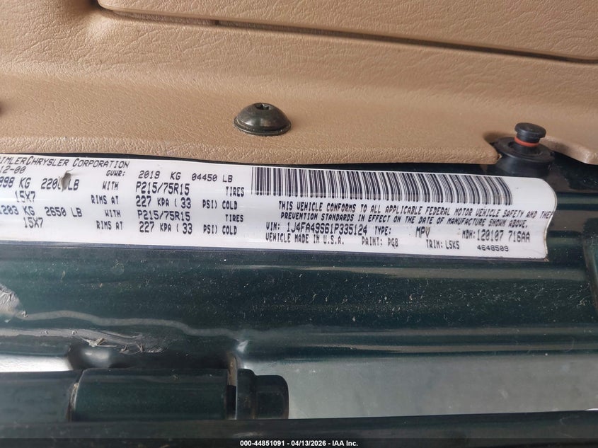 2001 Jeep Wrangler Sport VIN: 1J4FA49S61P335124 Lot: 44851091