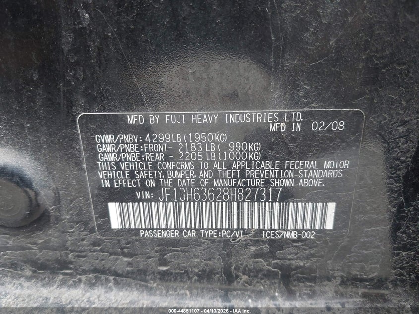 2008 Subaru Impreza Outback Sport VIN: JF1GH63628H827317 Lot: 44851107