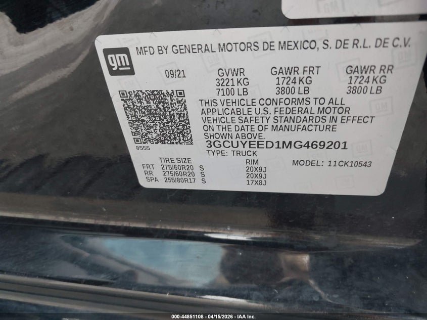 2021 Chevrolet Silverado 1500 4Wd Short Bed Rst VIN: 3GCUYEED1MG469201 Lot: 44851108