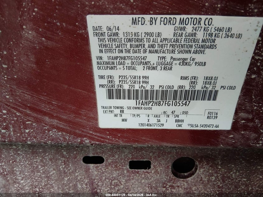 2015 Ford Taurus Sel VIN: 1FAHP2H87FG105547 Lot: 44851128