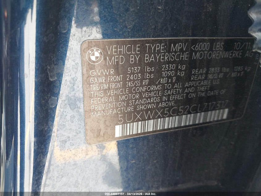 2012 BMW X3 xDrive28I VIN: 5UXWX5C52CL717317 Lot: 44851151