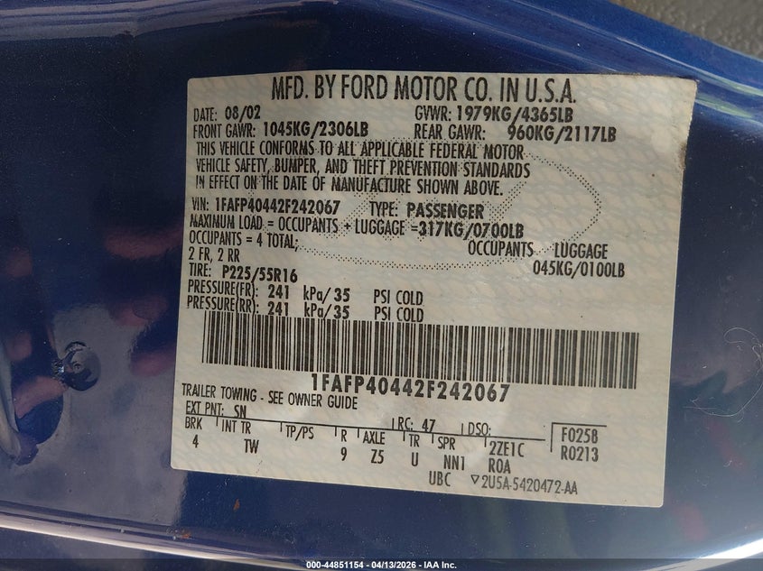 2002 Ford Mustang VIN: 1FAFP40442F242067 Lot: 44851154