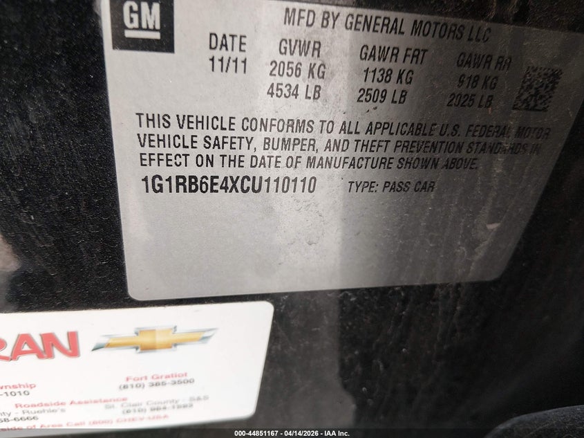 2012 Chevrolet Volt VIN: 1G1RB6E4XCU110110 Lot: 44851167