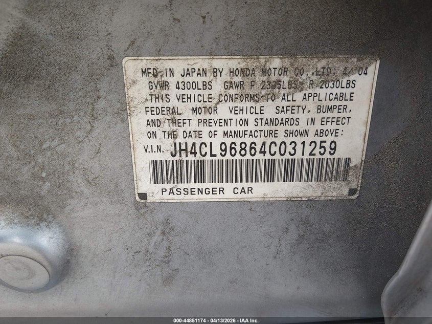 2004 Acura Tsx VIN: JH4CL96864C031259 Lot: 44851174