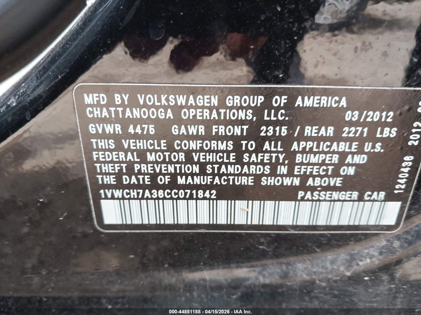 2012 Volkswagen Passat 2.5L Sel VIN: 1VWCH7A36CC071842 Lot: 44851188