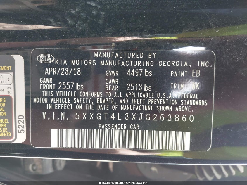 2018 Kia Optima Lx VIN: 5XXGT4L3XJG263860 Lot: 44851210