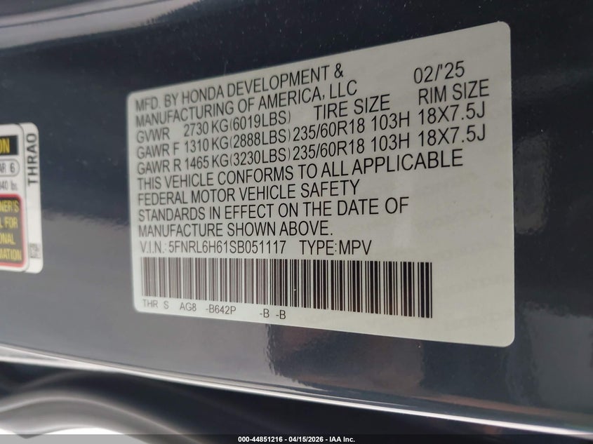 2025 Honda Odyssey Ex-L VIN: 5FNRL6H61SB051117 Lot: 44851216