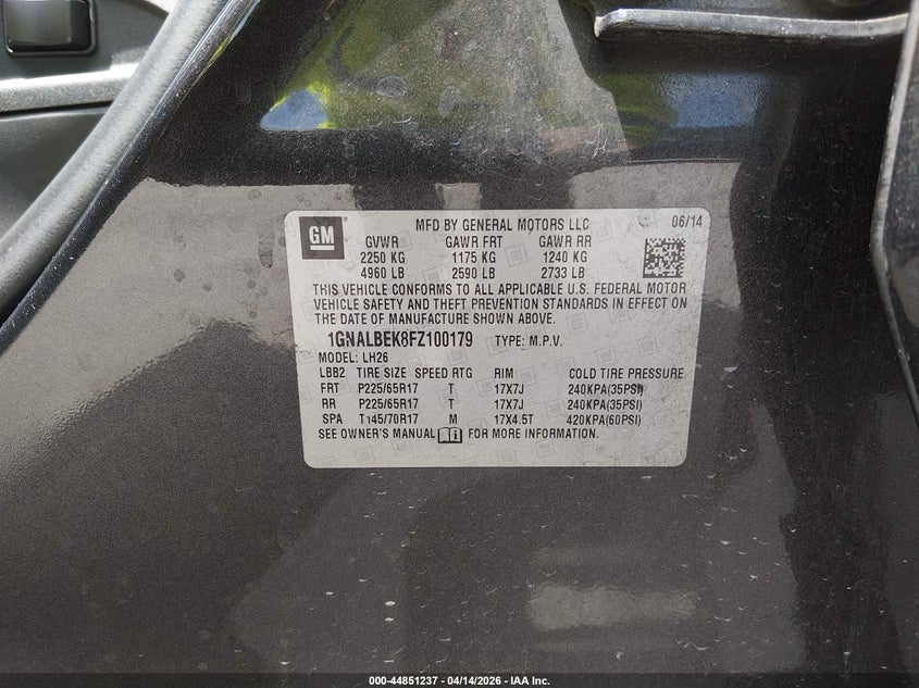 2015 Chevrolet Equinox 2.4 1lt Grey Lot 111044851237 Vin 1GNALBEK8FZ100179