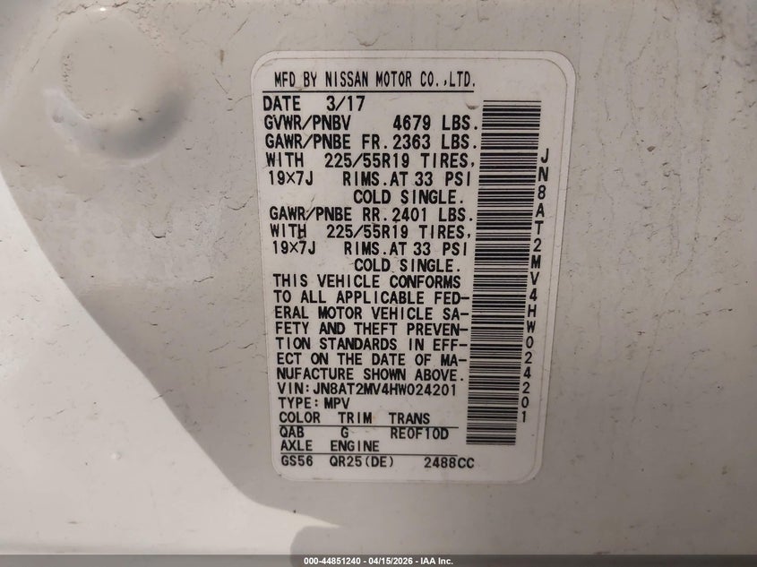 2017 Nissan Rogue Sl VIN: JN8AT2MV4HW024201 Lot: 44851240