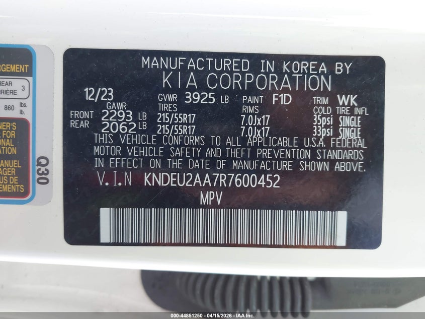 2024 Kia Seltos S VIN: KNDEU2AA7R7600452 Lot: 44851250