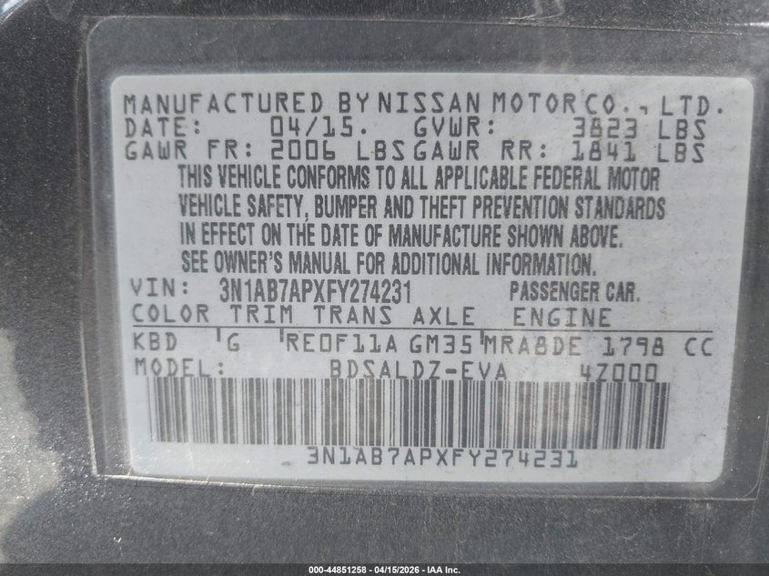 2015 Nissan Sentra Fe+ S/S/Sl/Sr/Sv VIN: 3N1AB7APXFY274231 Lot: 44851258