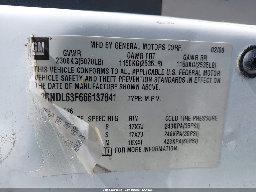 2006 Chevrolet Equinox Lt VIN: 2CNDL63F666137841 Lot: 44851272