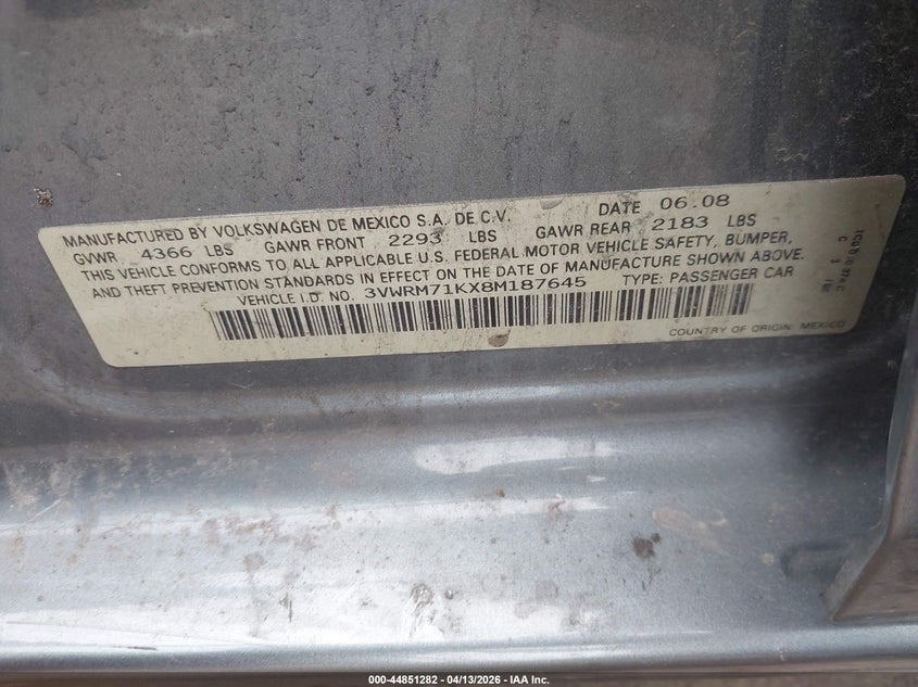 2008 Volkswagen Jetta Se/Sel VIN: 3VWRM71KX8M187645 Lot: 44851282