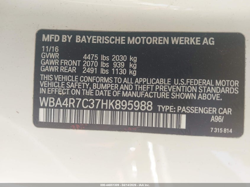 2017 BMW 430I VIN: WBA4R7C37HK895988 Lot: 44851309