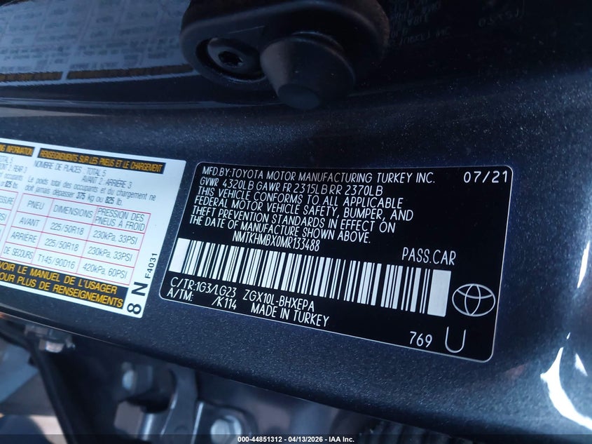 2021 Toyota C-Hr Limited VIN: NMTKHMBX0MR133488 Lot: 44851312