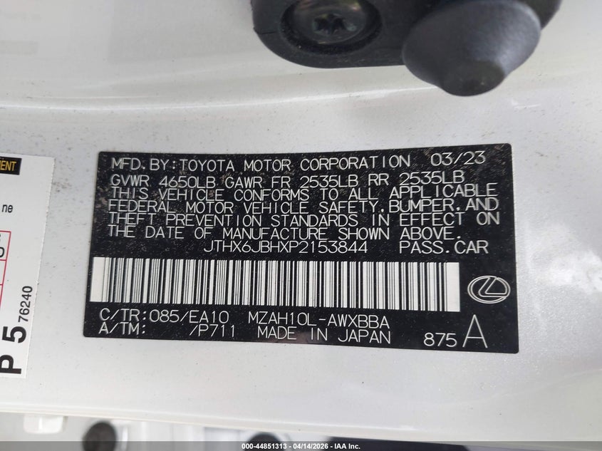 2023 Lexus Ux 250H VIN: JTHX6JBHXP2153844 Lot: 44851313