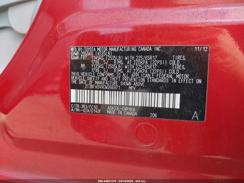 2012 Toyota Rav4 VIN: 2T3BF4DVXCW266971 Lot: 44851315