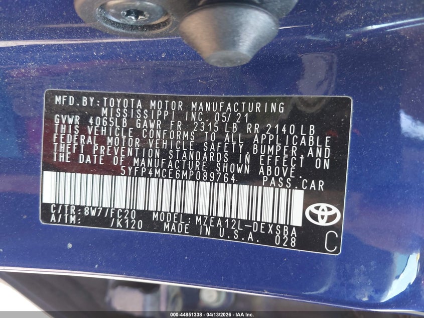 2021 Toyota Corolla 2.0 Se blue Lot 111044851338 Vin 5YFP4MCE6MP089764
