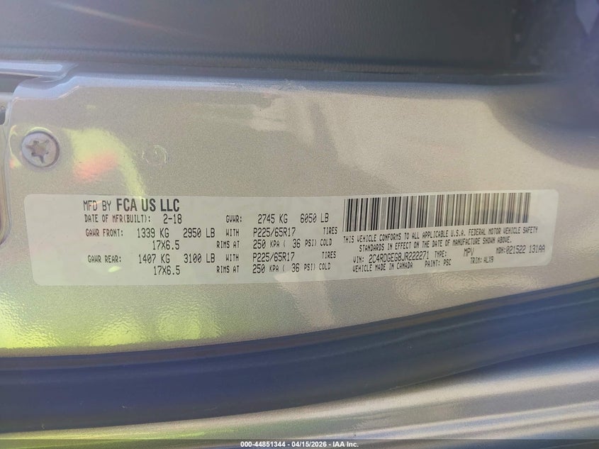 2018 Dodge Grand Caravan Gt VIN: 2C4RDGEG8JR222271 Lot: 44851344