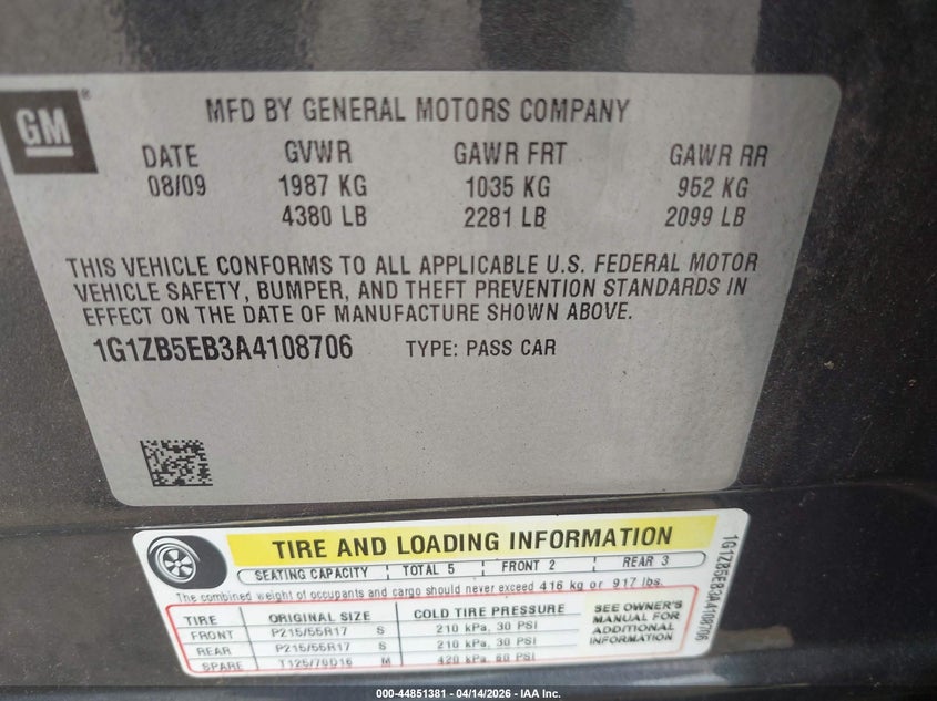 2010 Chevrolet Malibu Ls VIN: 1G1ZB5EB3A4108706 Lot: 44851381